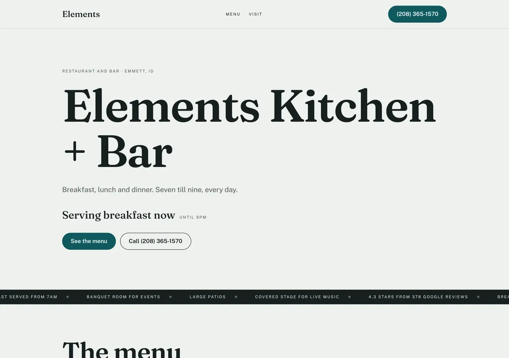 Elements Kitchen + Bar: screenshot of the independent concept homepage