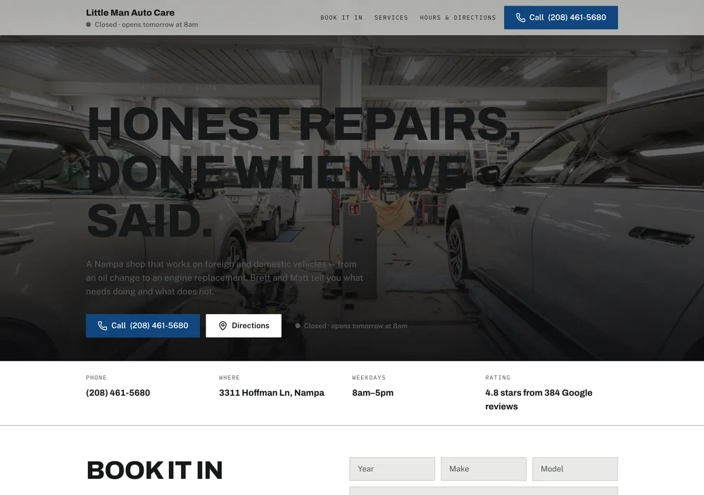 Little Man Auto Care: screenshot of the independent concept homepage