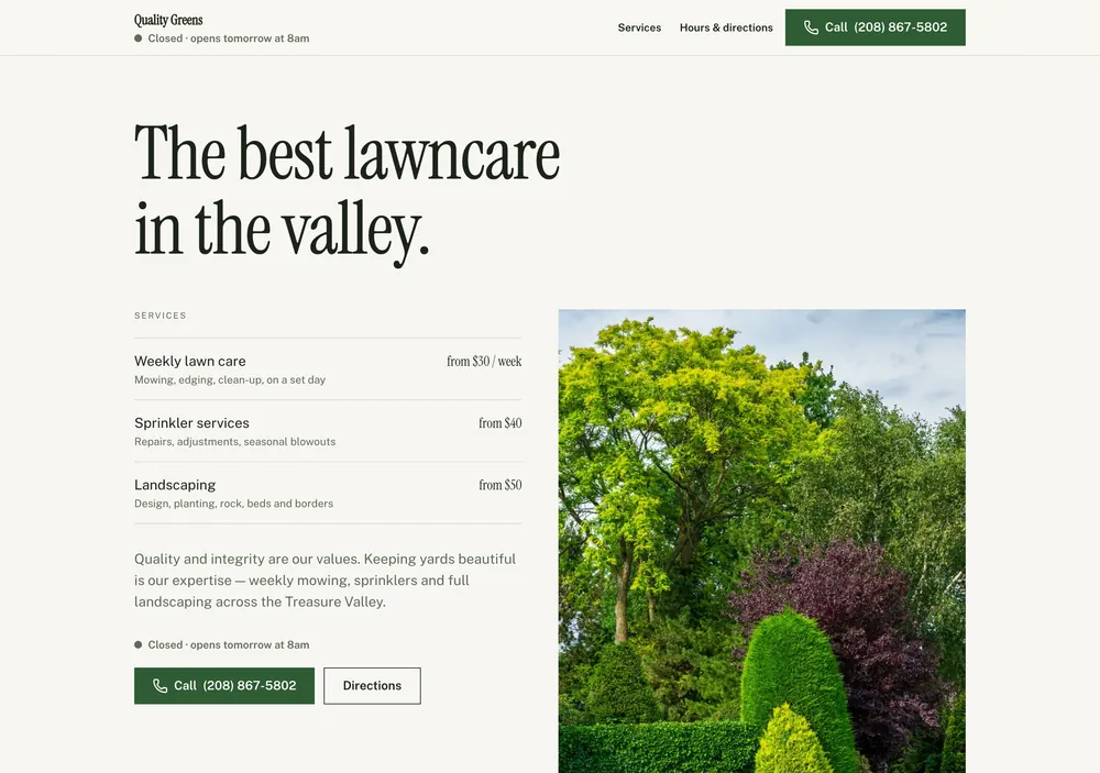 Quality Greens: screenshot of the independent concept homepage