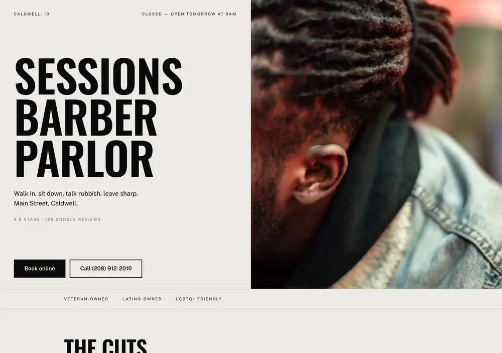 Sessions Barber Parlor: screenshot of the independent concept homepage
